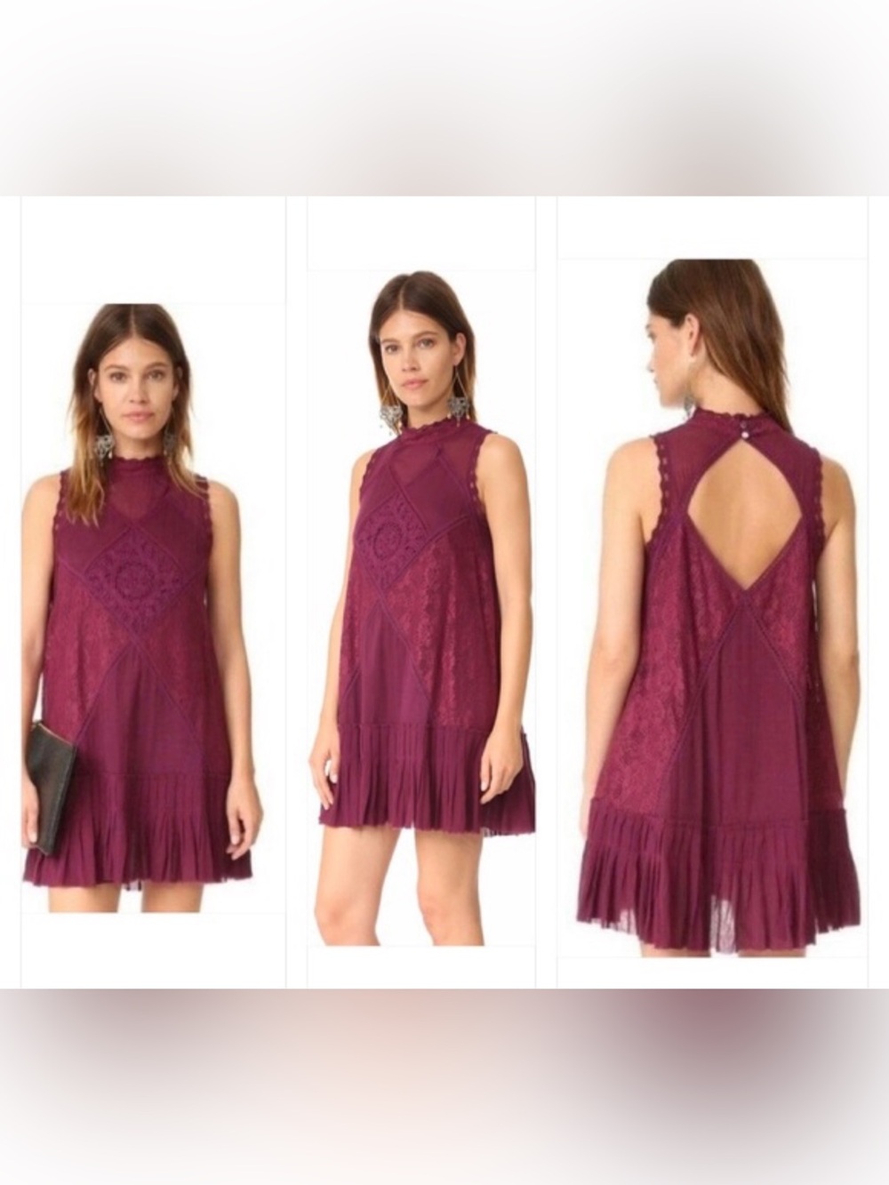 Free People Plum Lace-Panel High-Neck Mini Dress